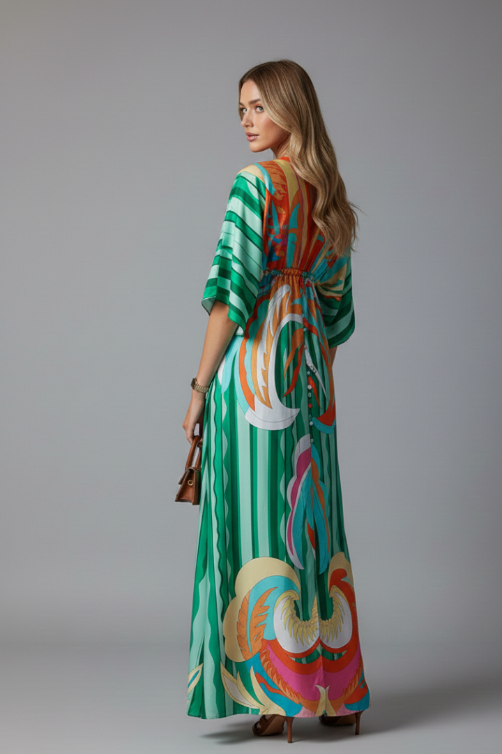 Vestido largo para mujer - maxi vestido con escote en V y mangas murciélago