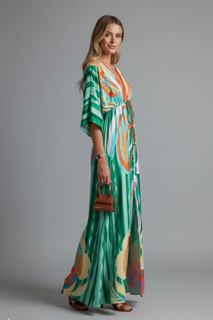 Vestido largo para mujer - maxi vestido con escote en V y mangas murciélago