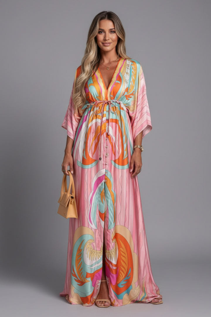 Vestido largo para mujer - maxi vestido con escote en V y mangas murciélago