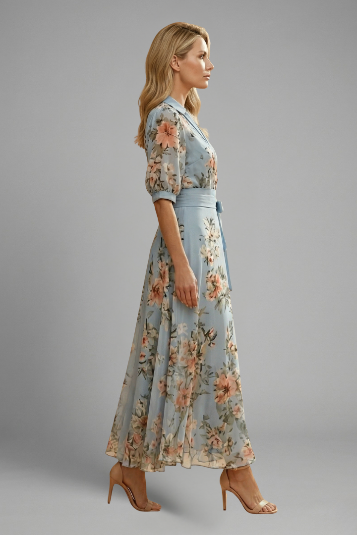 Robe midi pour femme - robe à manches courtes avec décolleté en V | décontractée