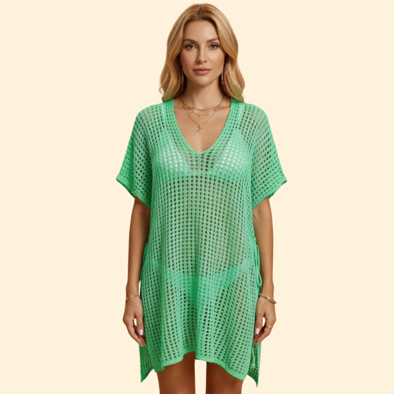 Vestido de Playa para Mujer Women's Beach Cover Up de Punto Calado con Manga Corta