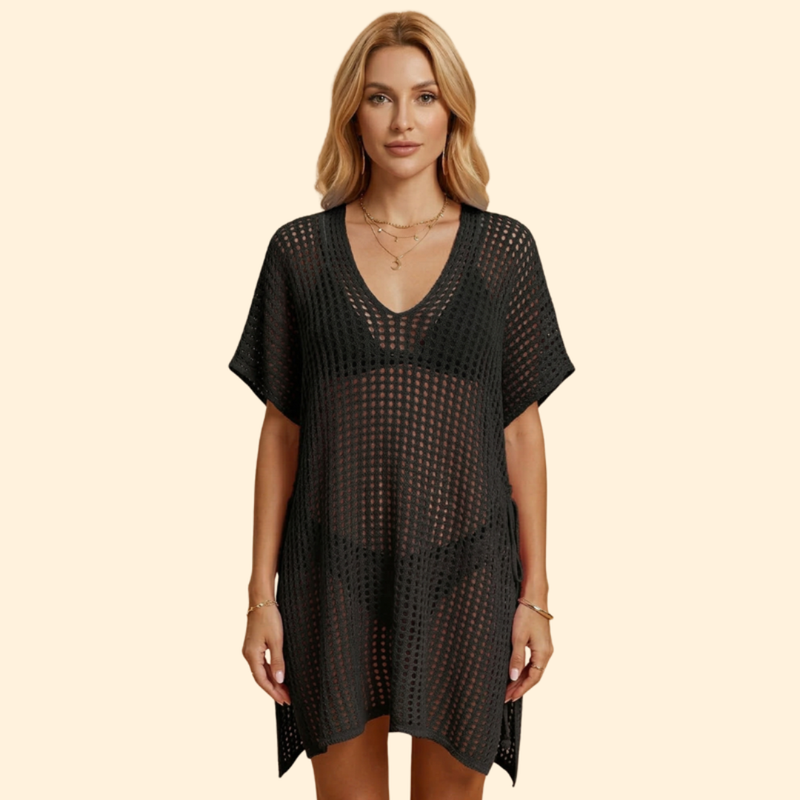 Vestido de Playa para Mujer Women's Beach Cover Up de Punto Calado con Manga Corta