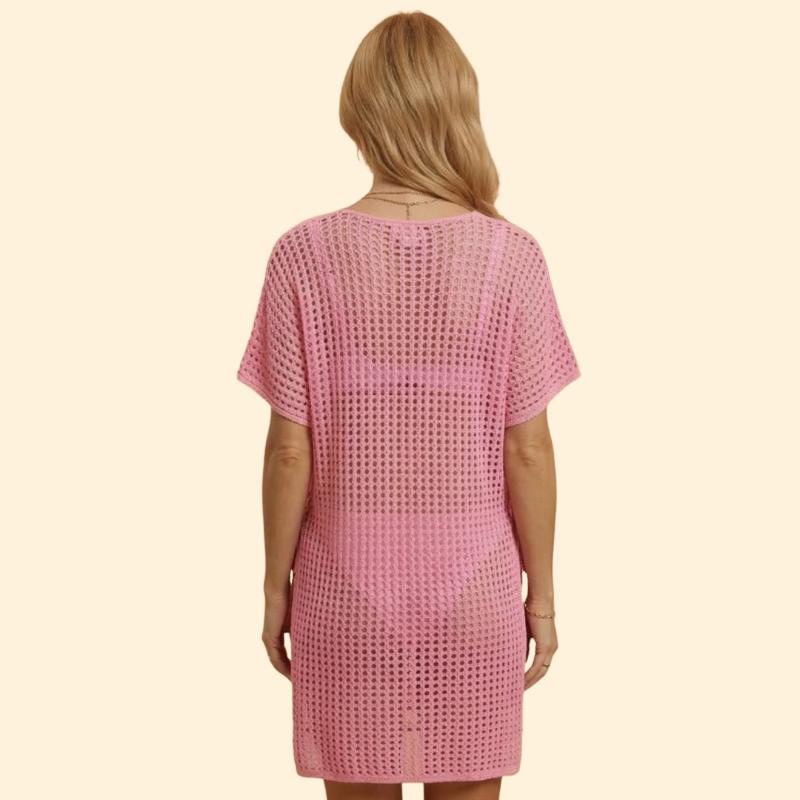 Vestido de Playa para Mujer Women's Beach Cover Up de Punto Calado con Manga Corta