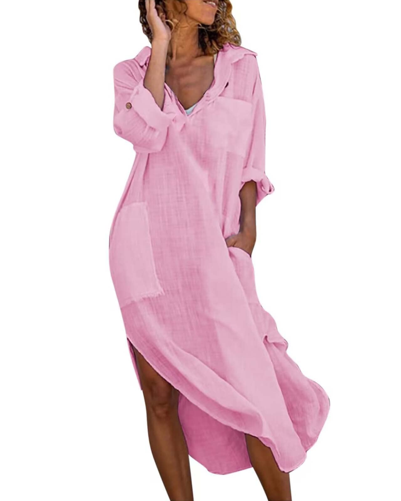 Long shirt dress cotton and linen | buttoned | loose fit | office