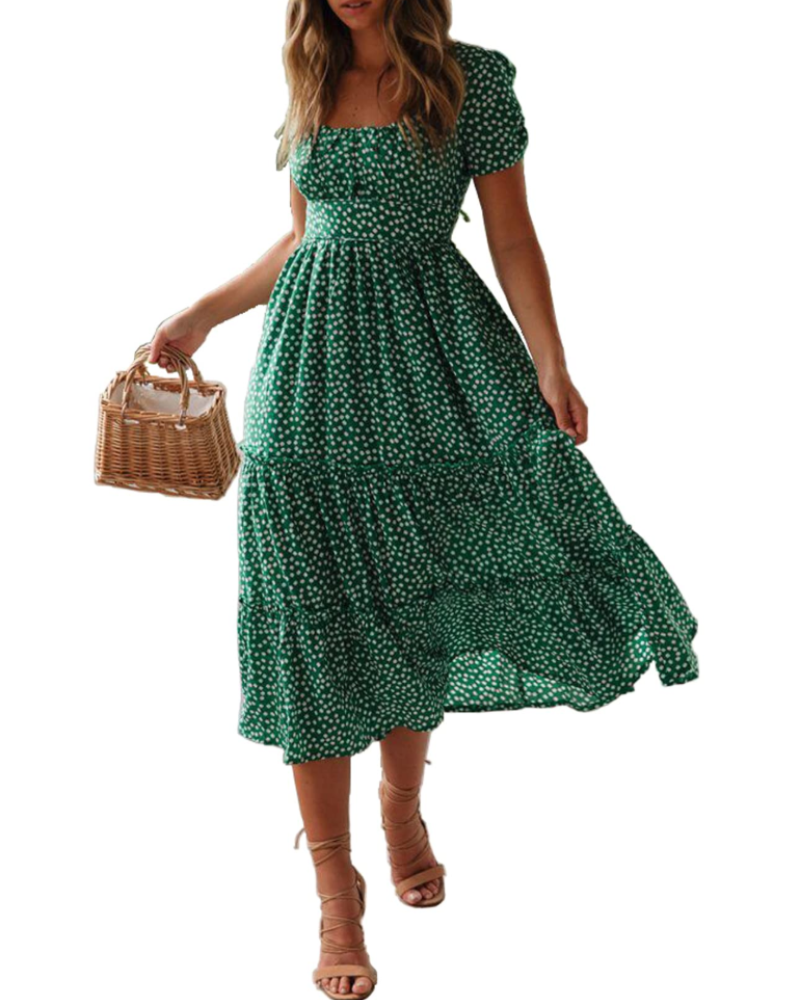 Robe midi femme | imprimé floral — col carré — plage et vacances