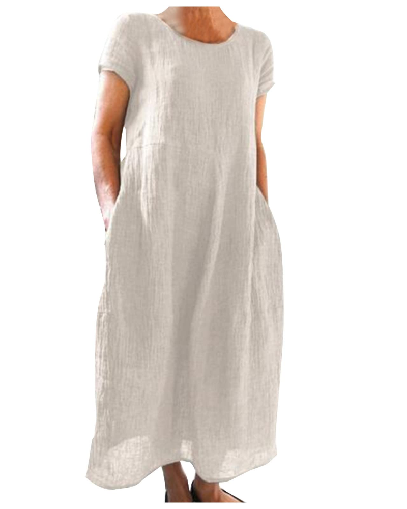 Robe longue femme | coton lin — manches courtes — usage quotidien
