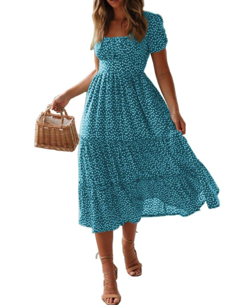 Robe midi femme | imprimé floral — col carré — plage et vacances