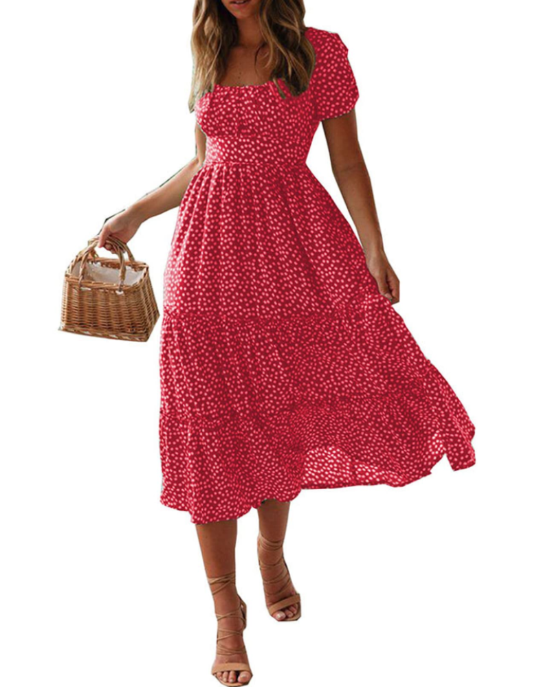 Robe midi femme | imprimé floral — col carré — plage et vacances