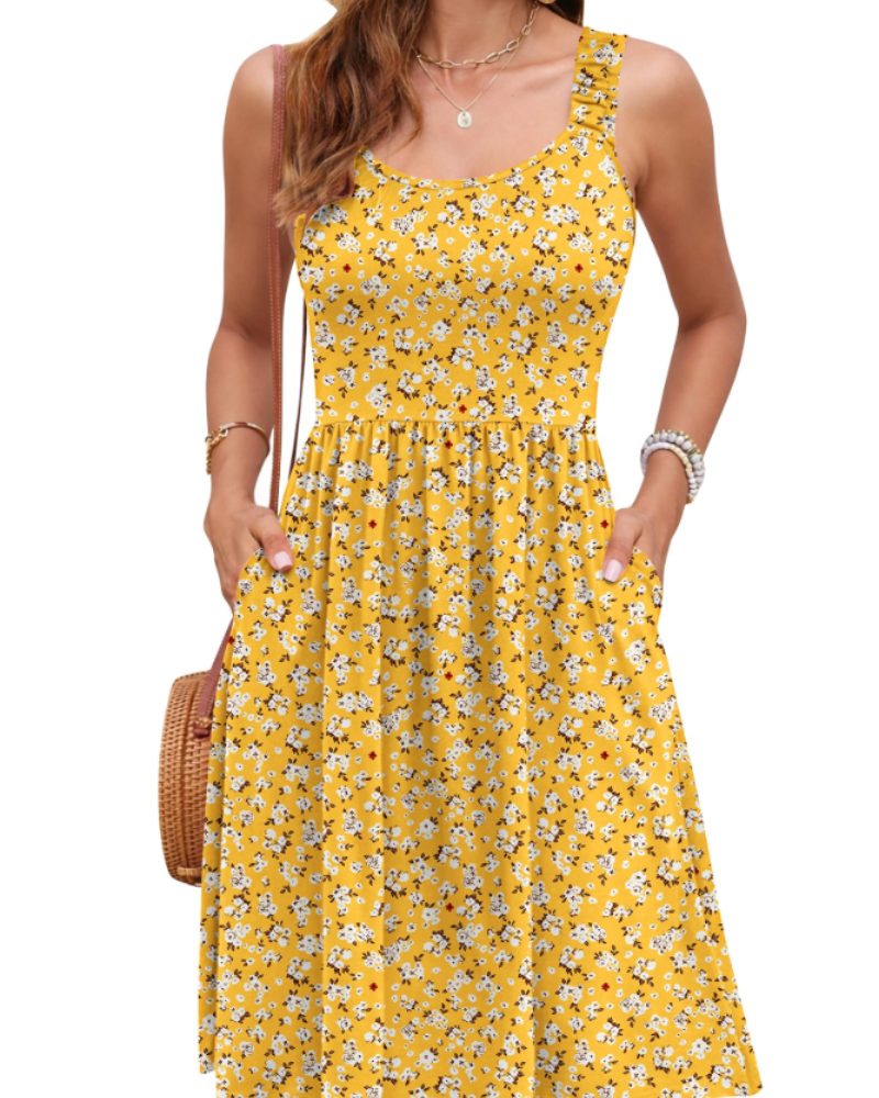Vestido de verão para mulher | decote quadrado | corte A com cintura ajustada | férias