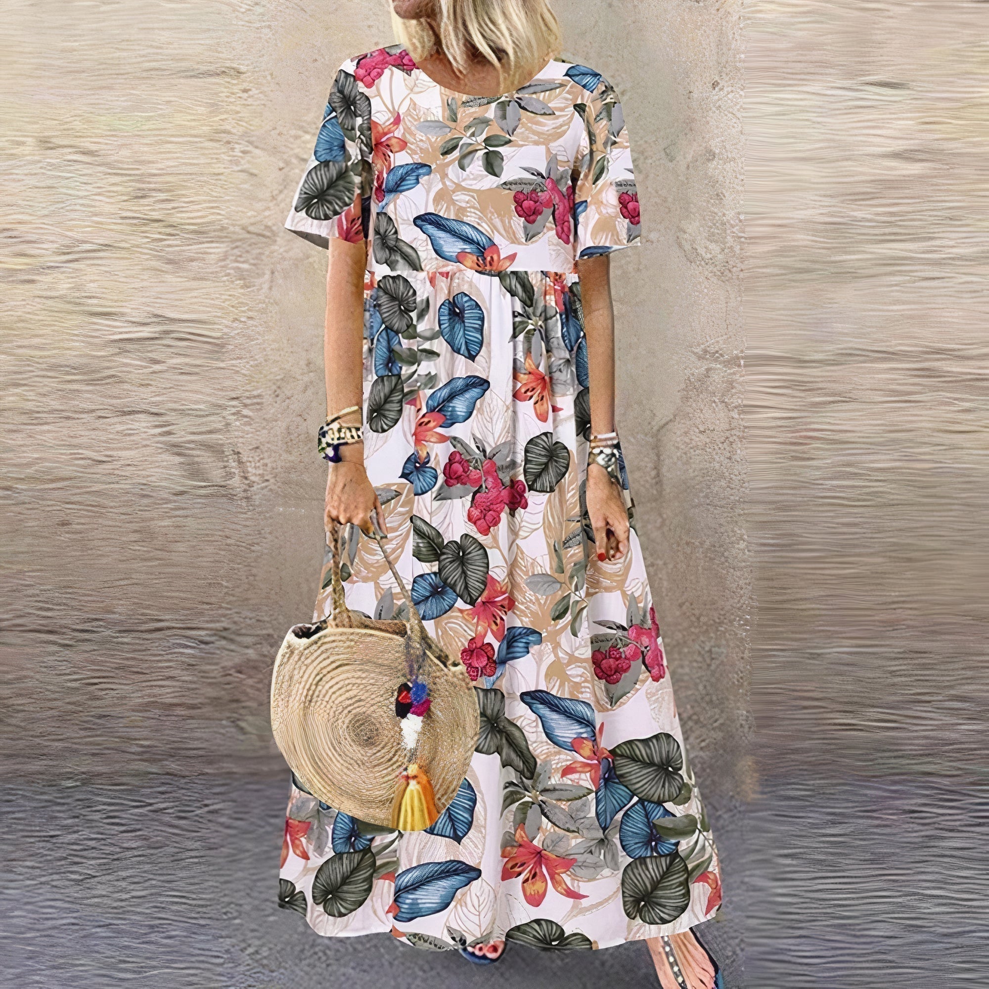 Rochie lungă cu guler rotund și imprimeu floral vibrant pentru femei
