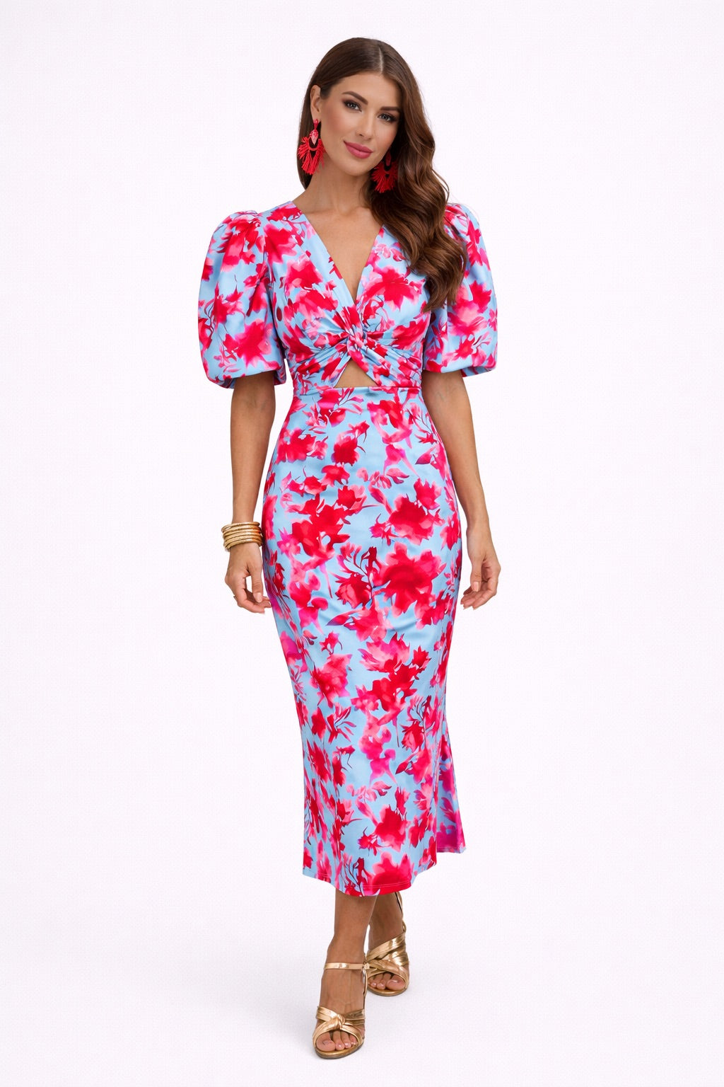 Vestido Midi de Poliéster com Estampa Floral, Decote em V e Mangas Balão
