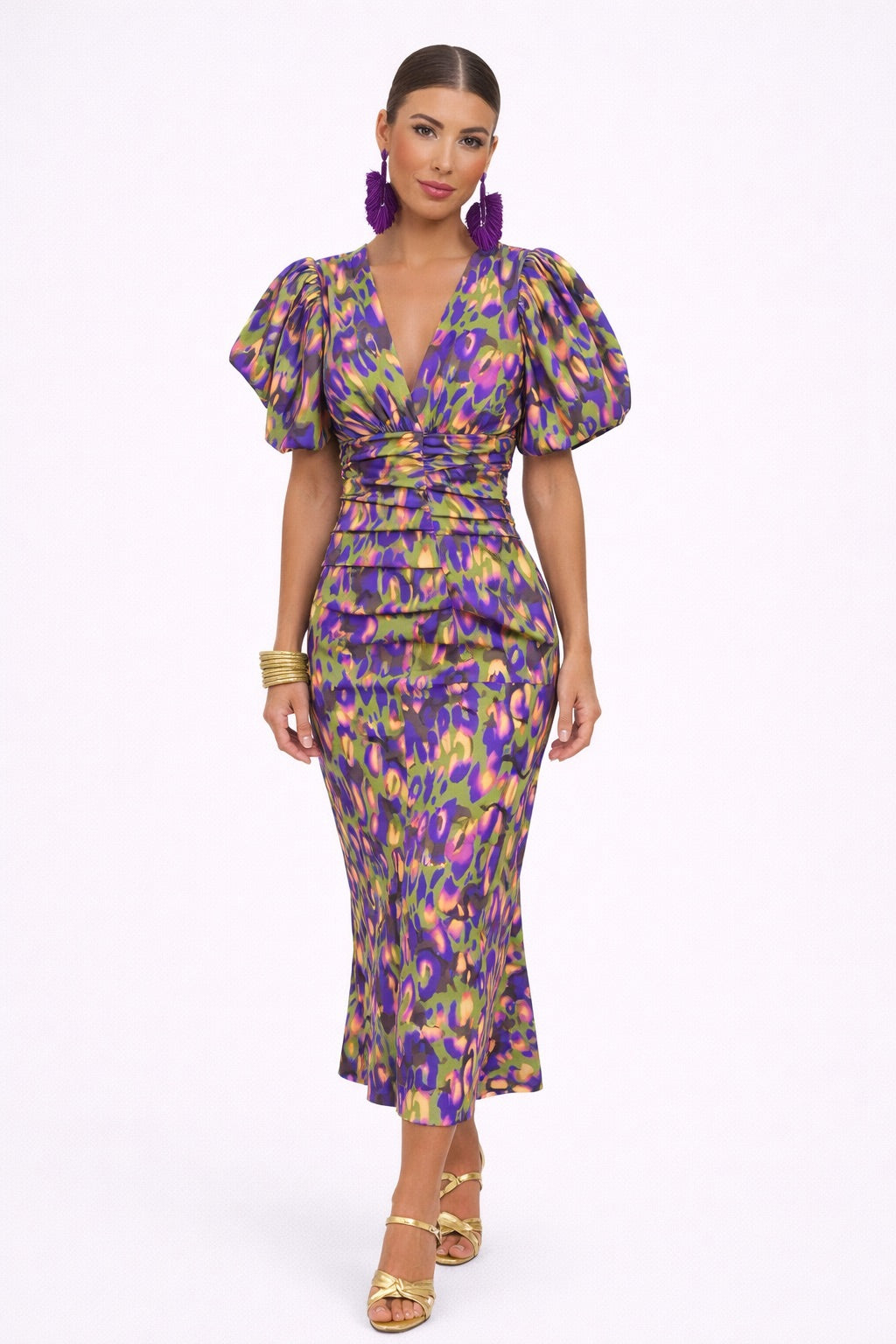 Vestido Midi de Poliéster com Estampa Floral, Decote em V e Mangas Balão