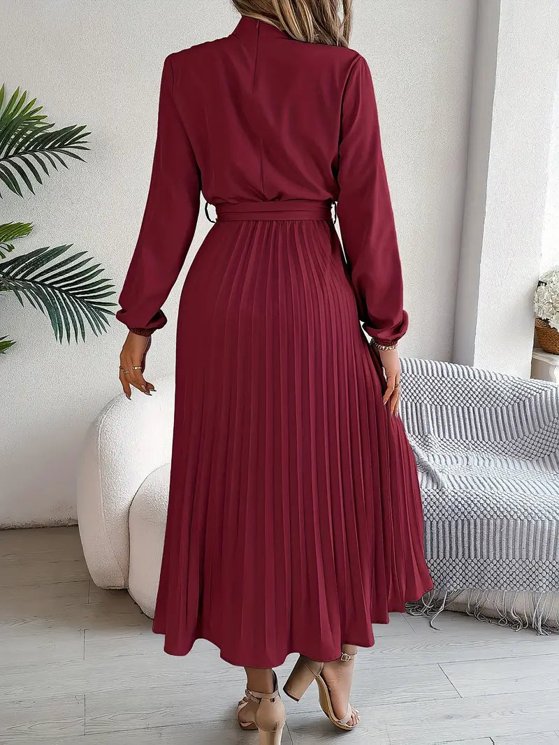 Vestido Longo Plissado de Manga Comprida com Gola Alta e Cinto para Mulher