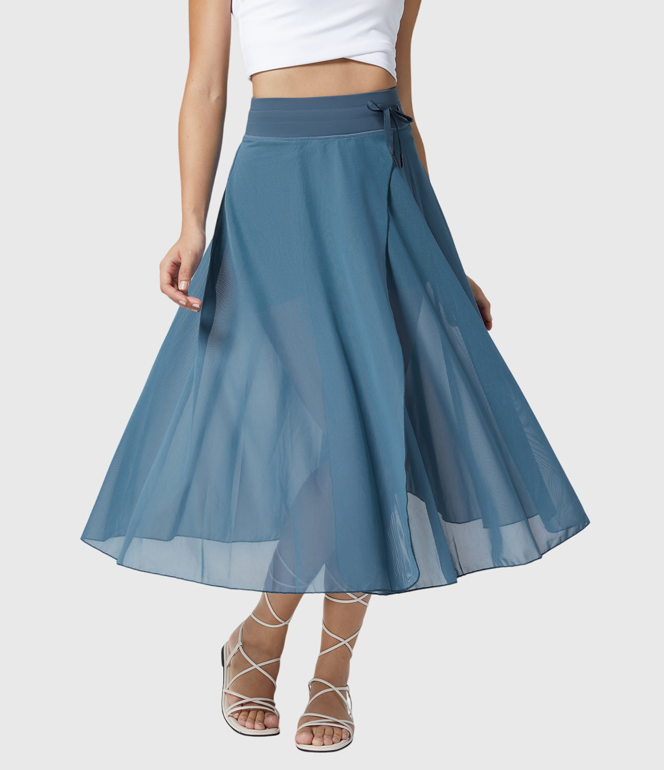 Jupe midi évasée taille haute pour femme avec cordon ajustable