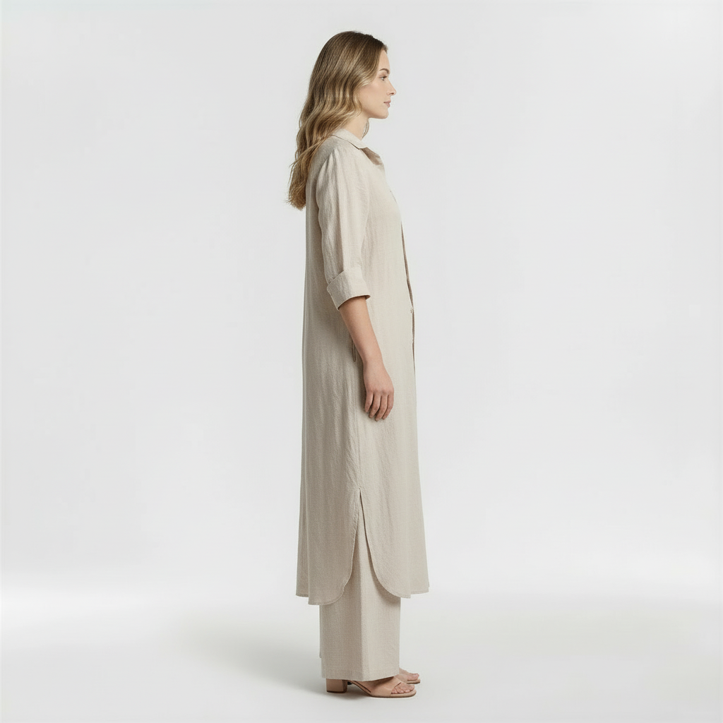Ensemble deux pièces chemise longue et pantalon pattes d'éléphant en mélange de lin