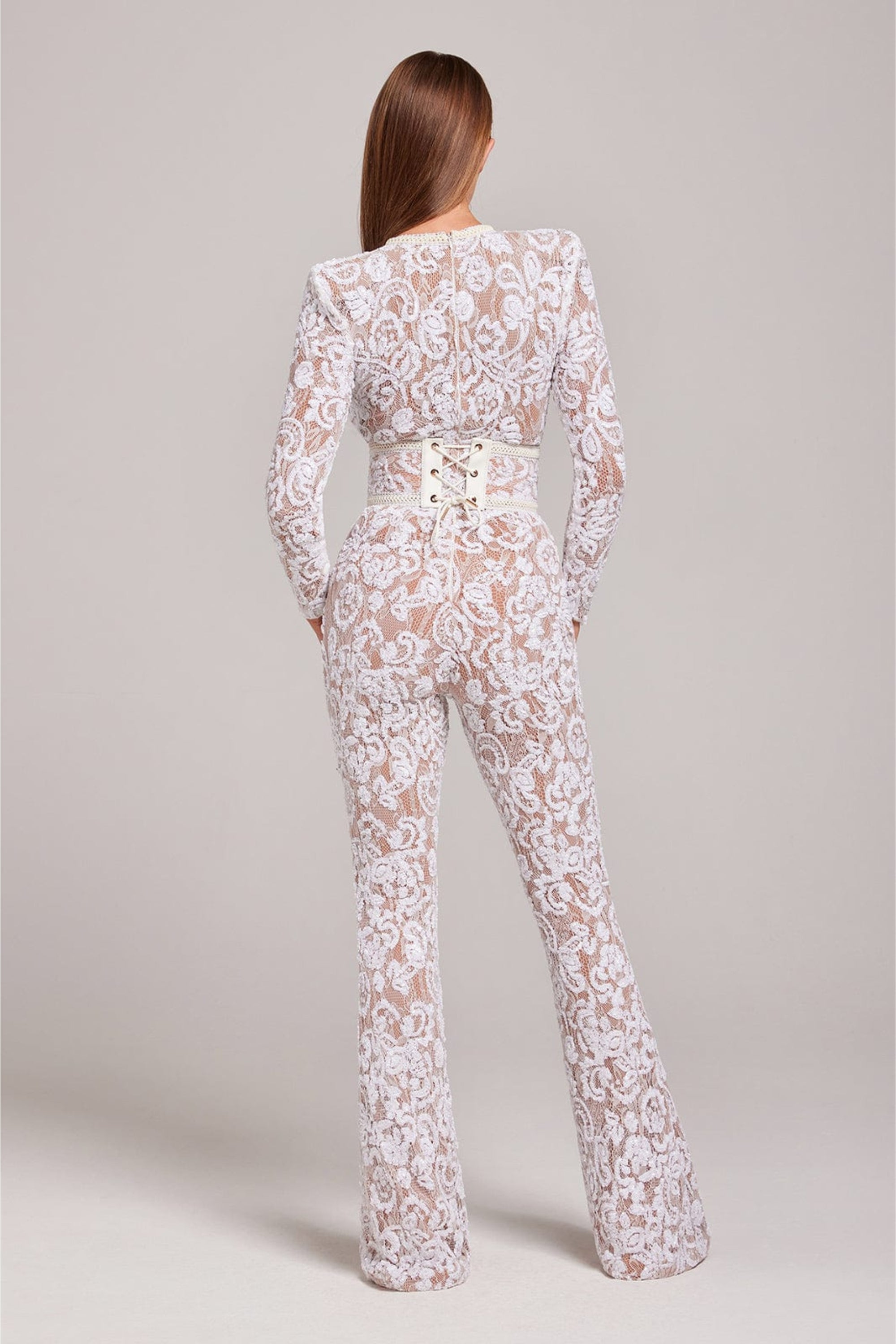 Combinaison en dentelle à manches longues avec pantalon à jambes larges pour femme