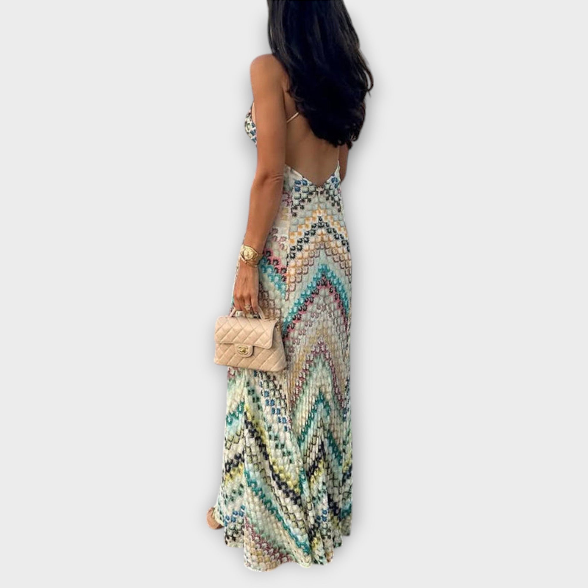 Robe longue en maille avec imprimé zigzag et décolleté plongeant en V