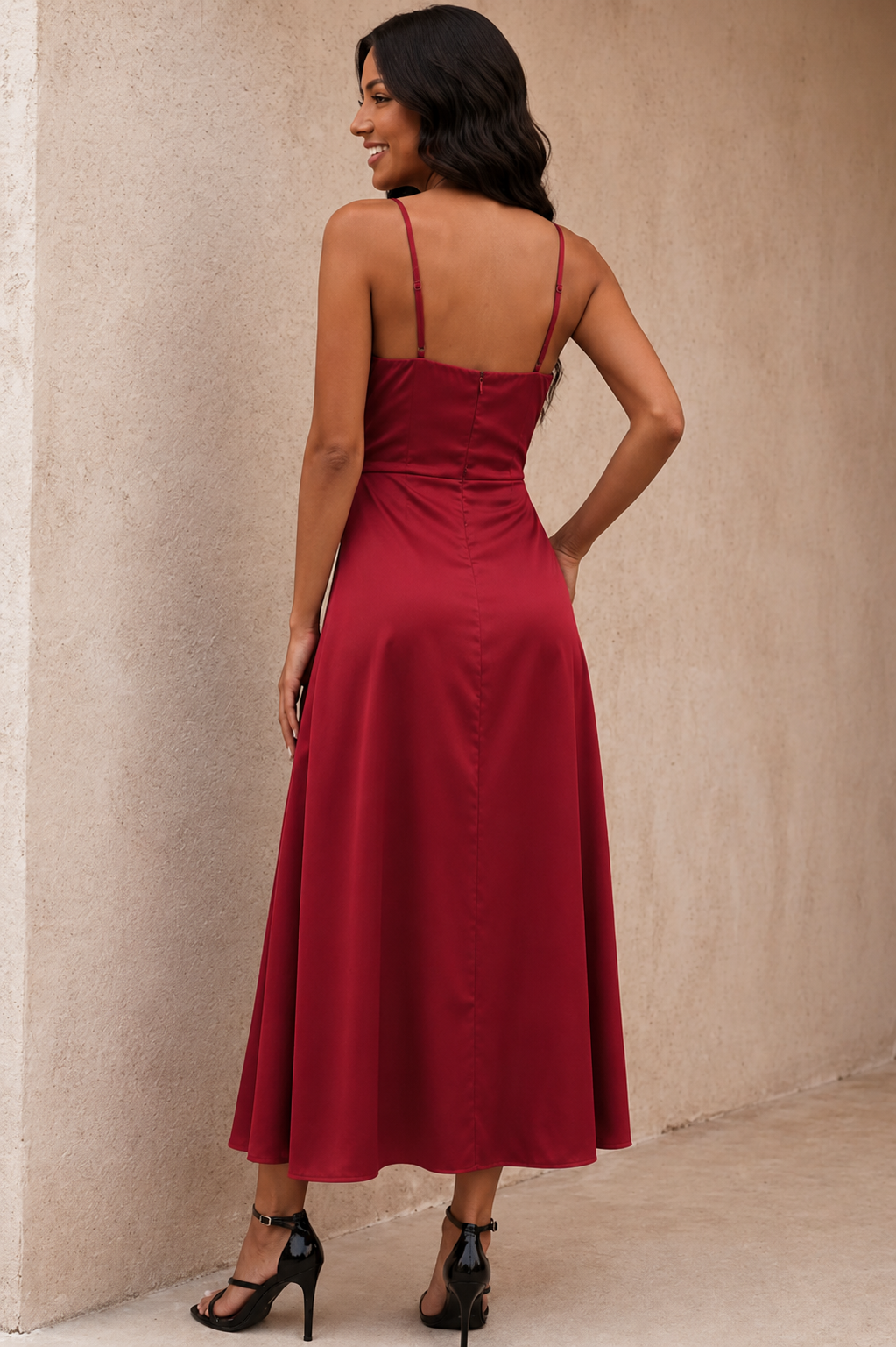 Vestito midi da donna - spalline sottili e spacco laterale - vacanze al mare
