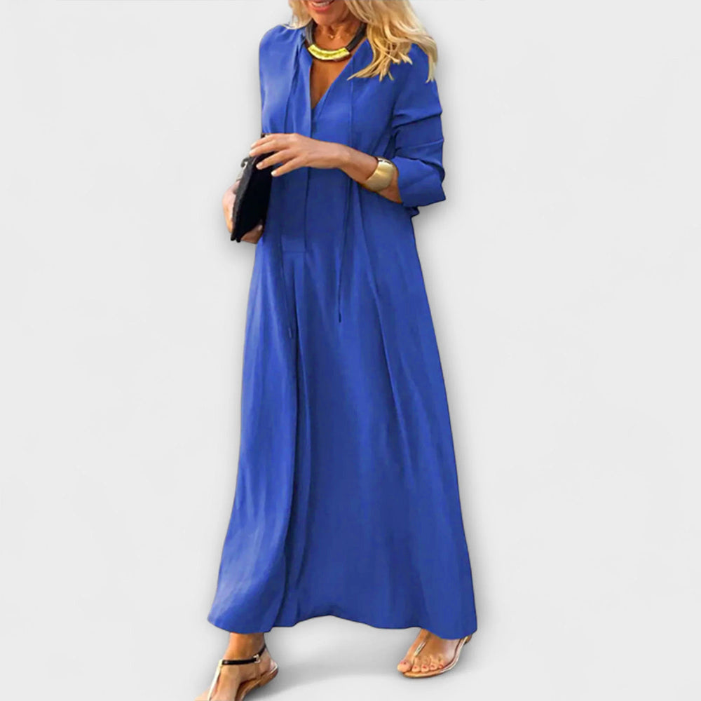 Long Cotton Dress with V-Neck and Loose Fit for Women