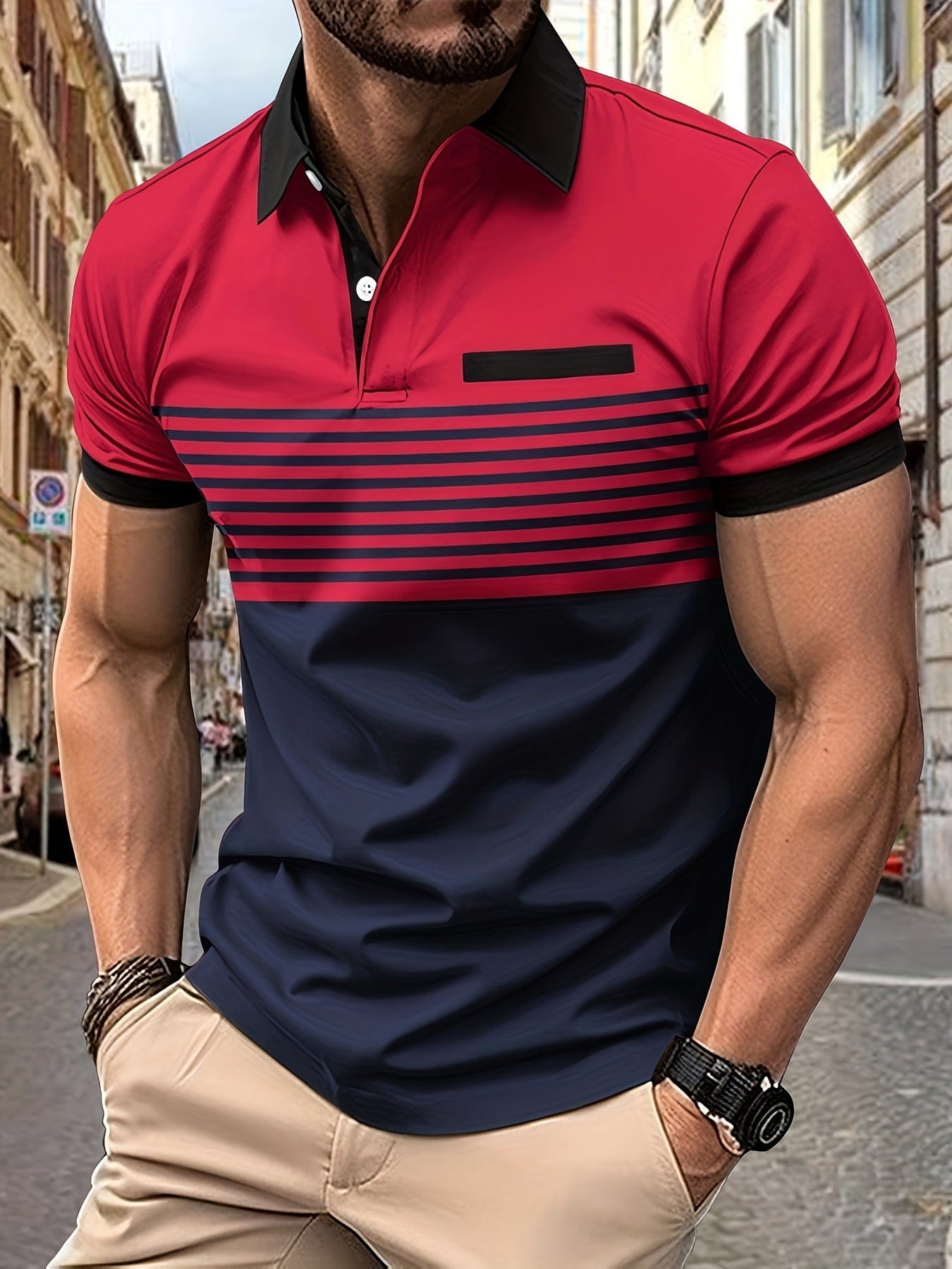 Polo de rayas de manga corta para hombre con cuello de botones y corte regular