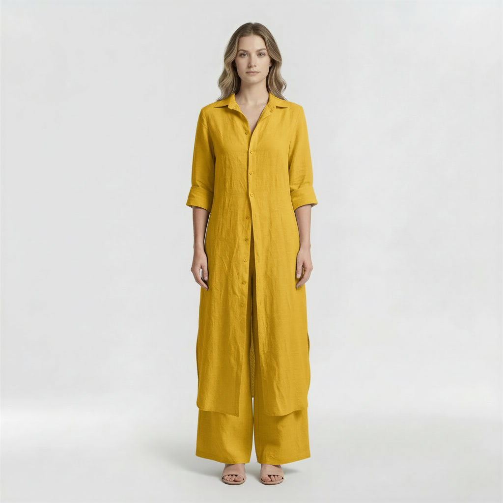 Ensemble deux pièces chemise longue et pantalon pattes d'éléphant en mélange de lin