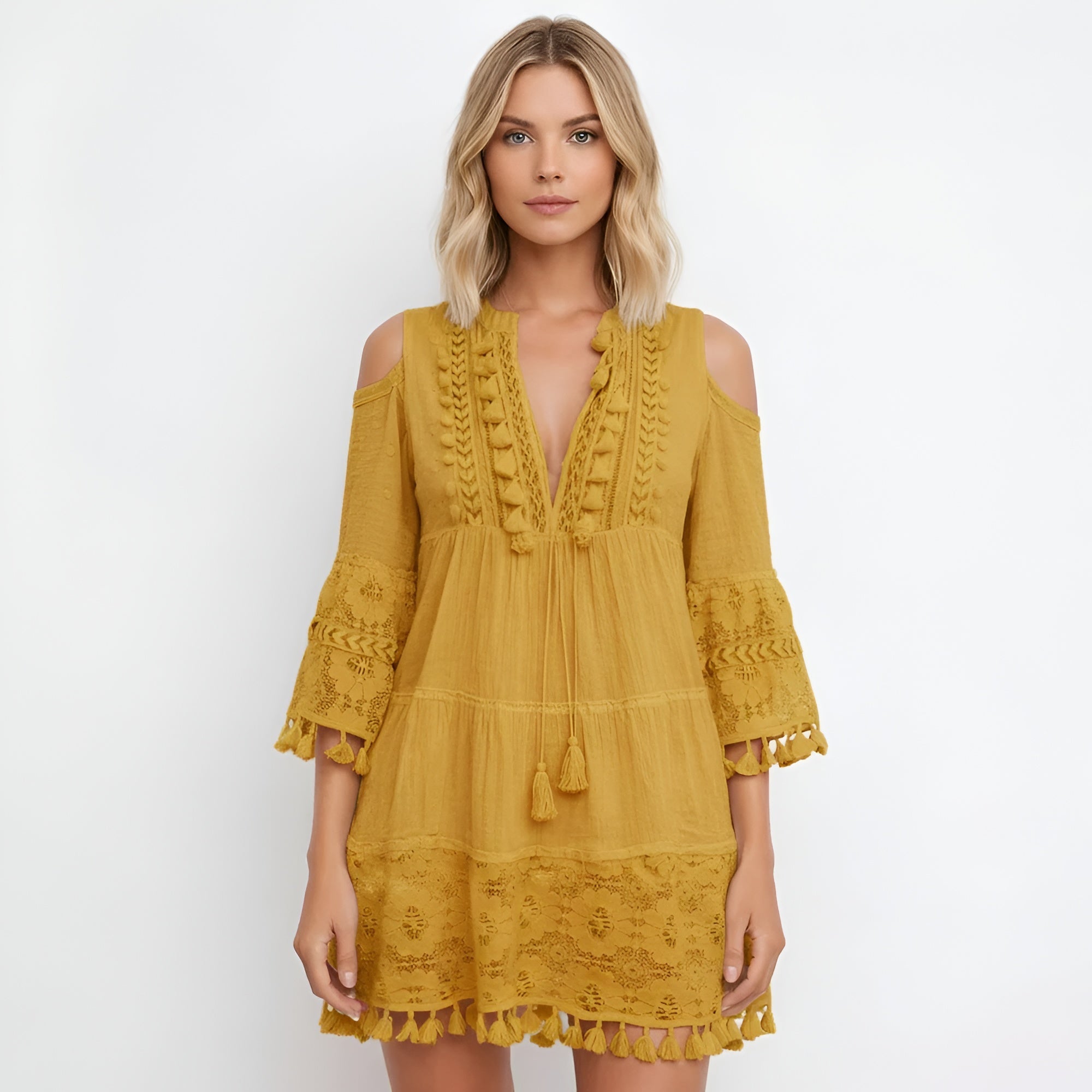 Robe courte bohème pour femme avec broderie en coton et détails à pompons