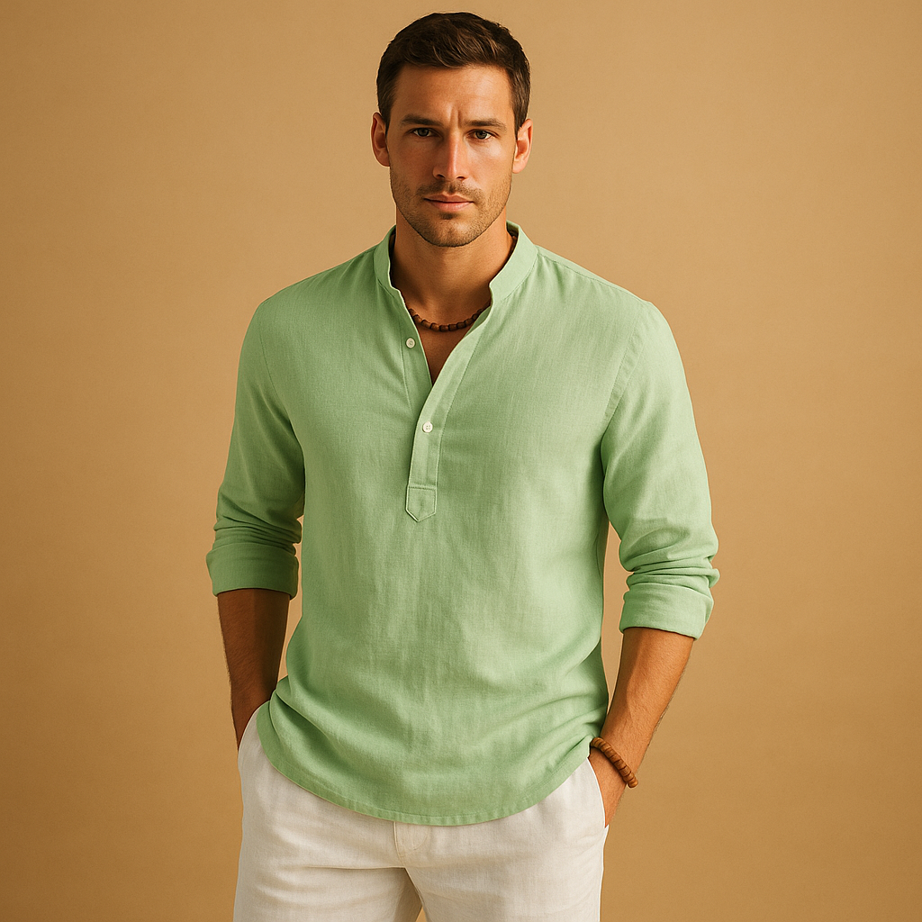 Camisa de Lino con Cuello Mao y Manga Larga