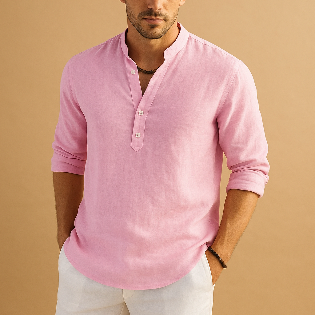 Camisa de Lino con Cuello Mao y Manga Larga
