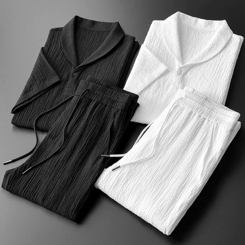 Set casual pentru bărbați cu tricou cu decolteu în V și pantaloni cu talie elastică