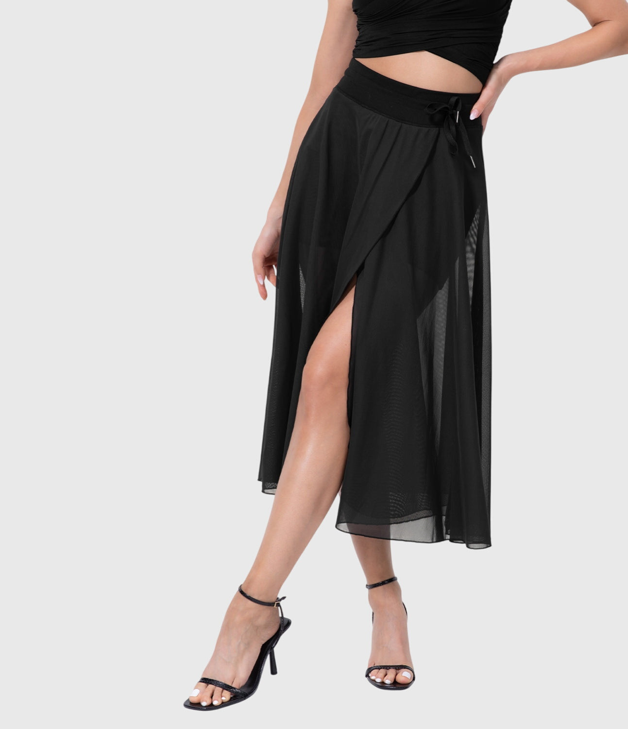 Jupe midi évasée taille haute pour femme avec cordon ajustable