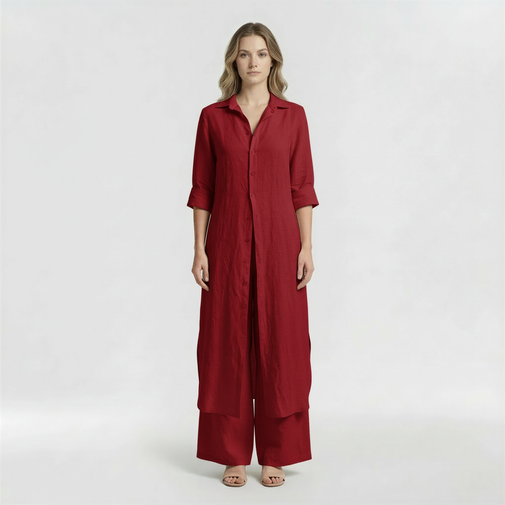 Ensemble deux pièces chemise longue et pantalon pattes d'éléphant en mélange de lin