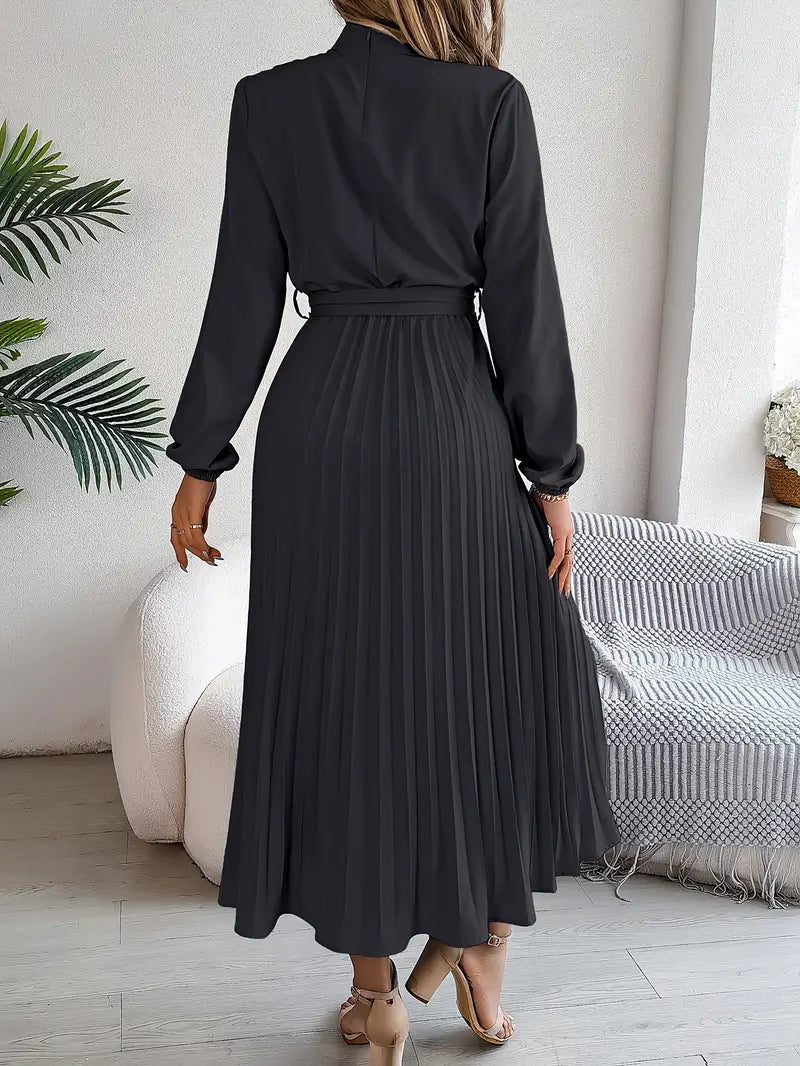 Vestido Longo Plissado de Manga Comprida com Gola Alta e Cinto para Mulher
