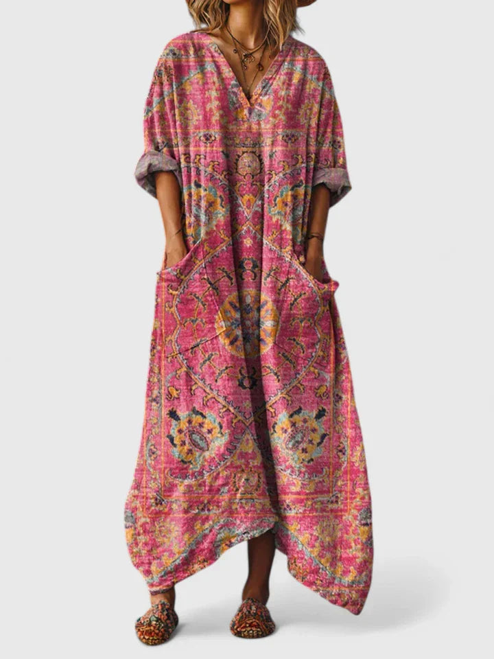 Robe longue pour femme avec col en V et imprimé floral style vintage