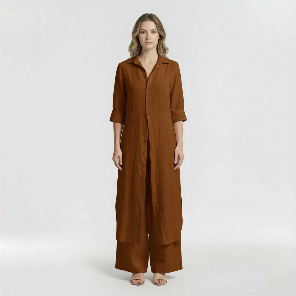 Ensemble deux pièces chemise longue et pantalon pattes d'éléphant en mélange de lin
