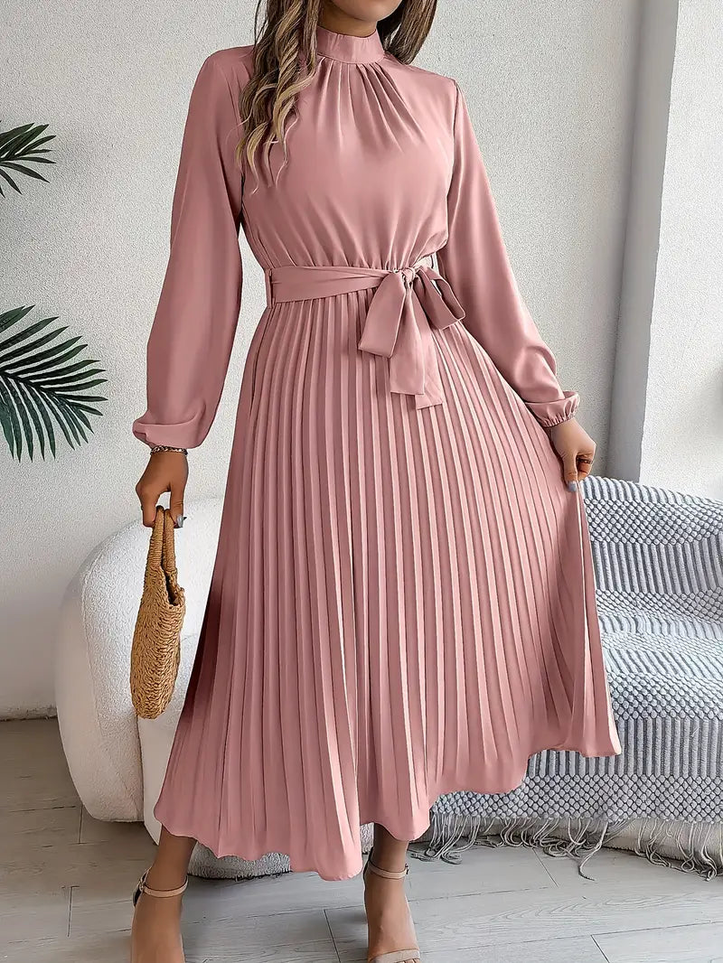 Vestido Longo Plissado de Manga Comprida com Gola Alta e Cinto para Mulher