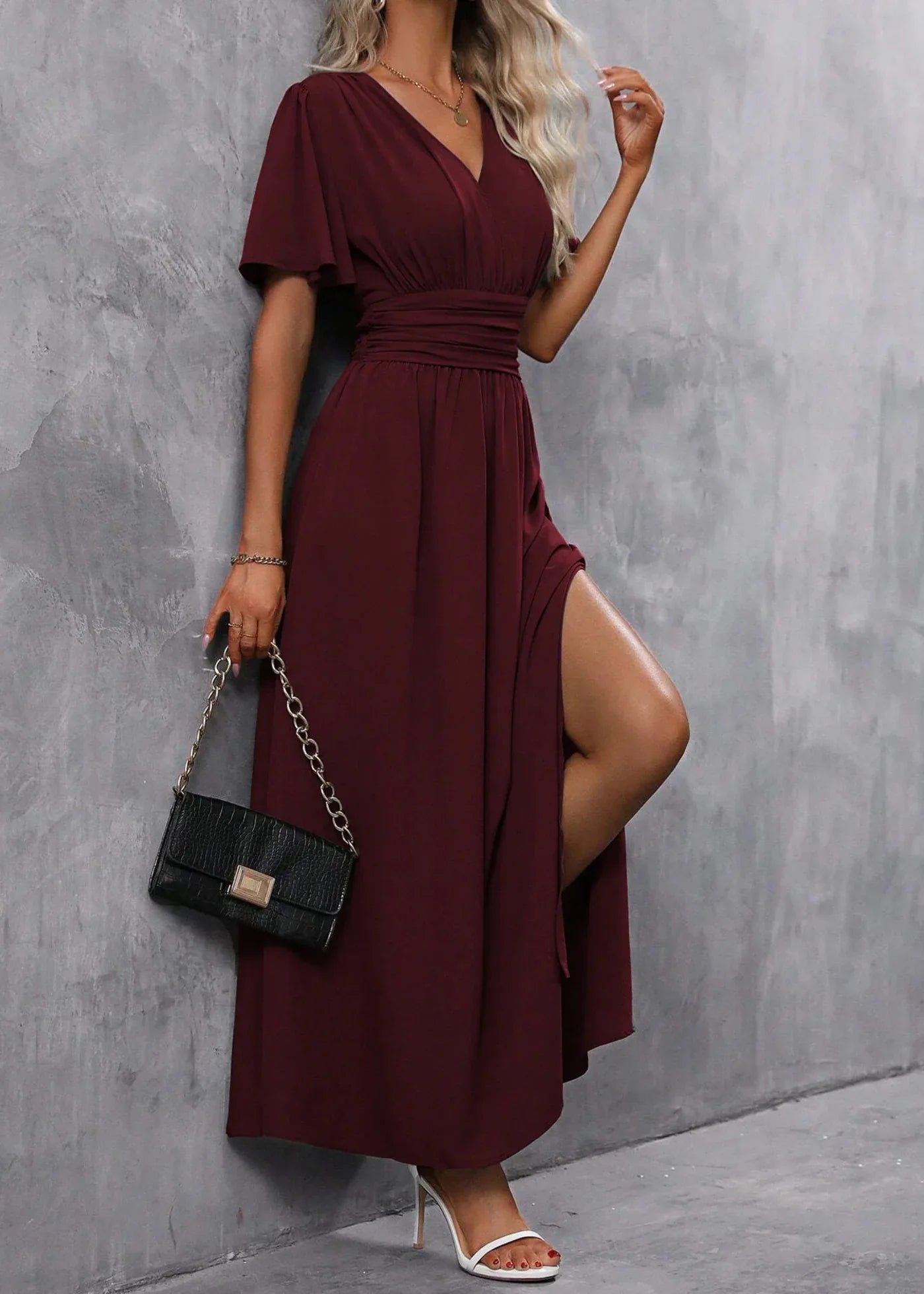 Long Dress for Women - V-Neck with Slit - Formal Dinner