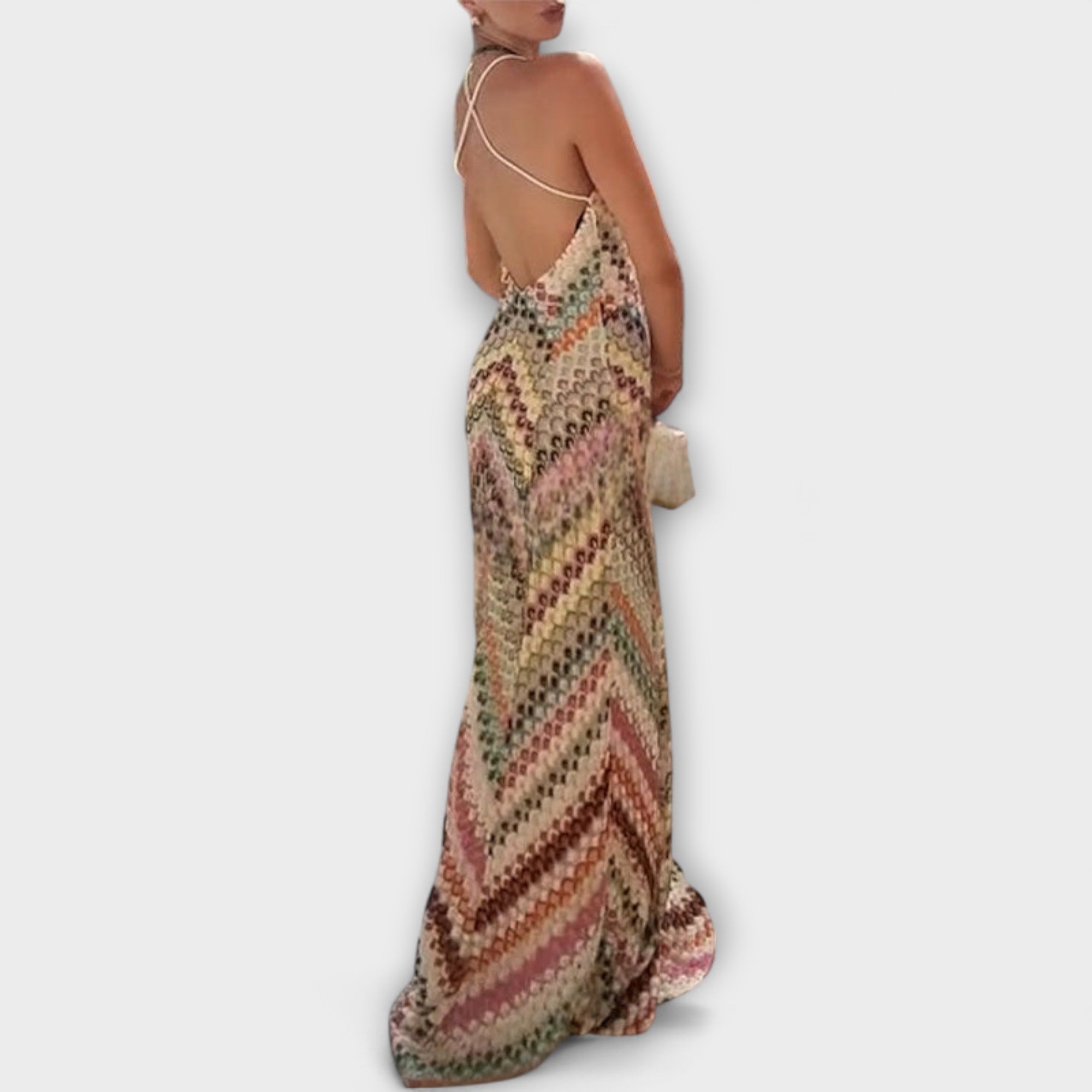Robe longue en maille avec imprimé zigzag et décolleté plongeant en V