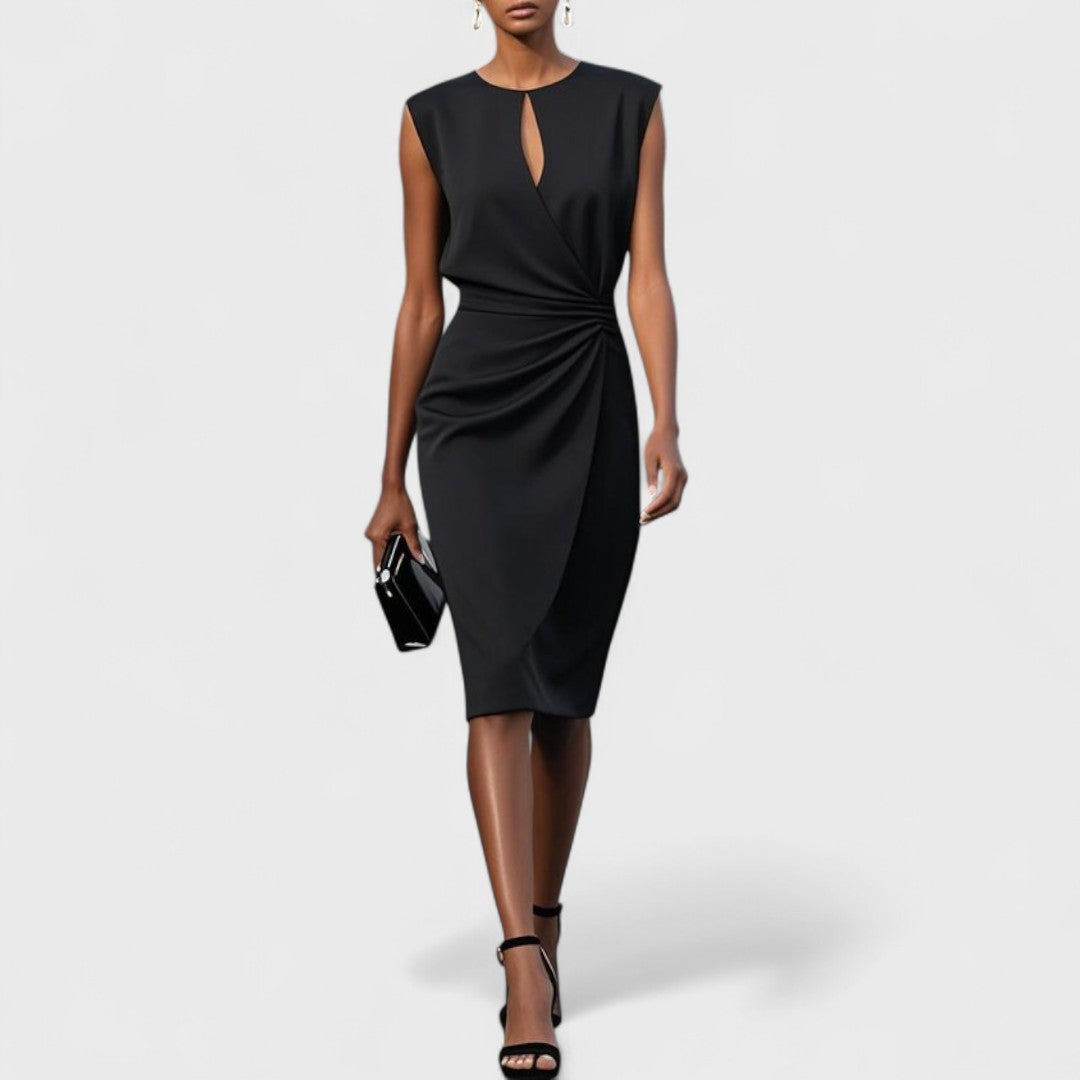 Robe midi croisée avec plis latéraux et col rond pour femme
