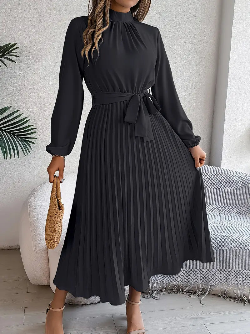 Vestido Longo Plissado de Manga Comprida com Gola Alta e Cinto para Mulher