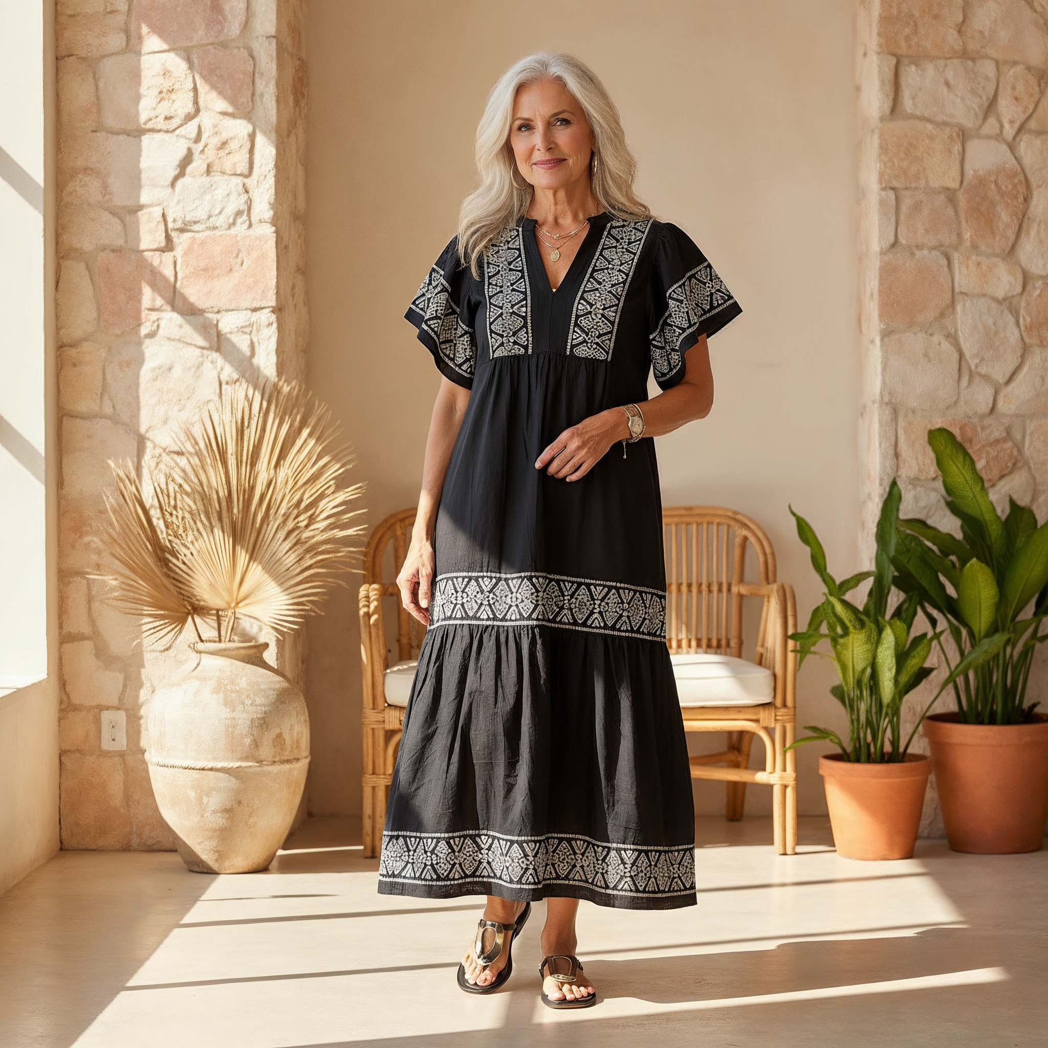 Vestido Largo Boho con Bordados y Cuello en V para Mujer
