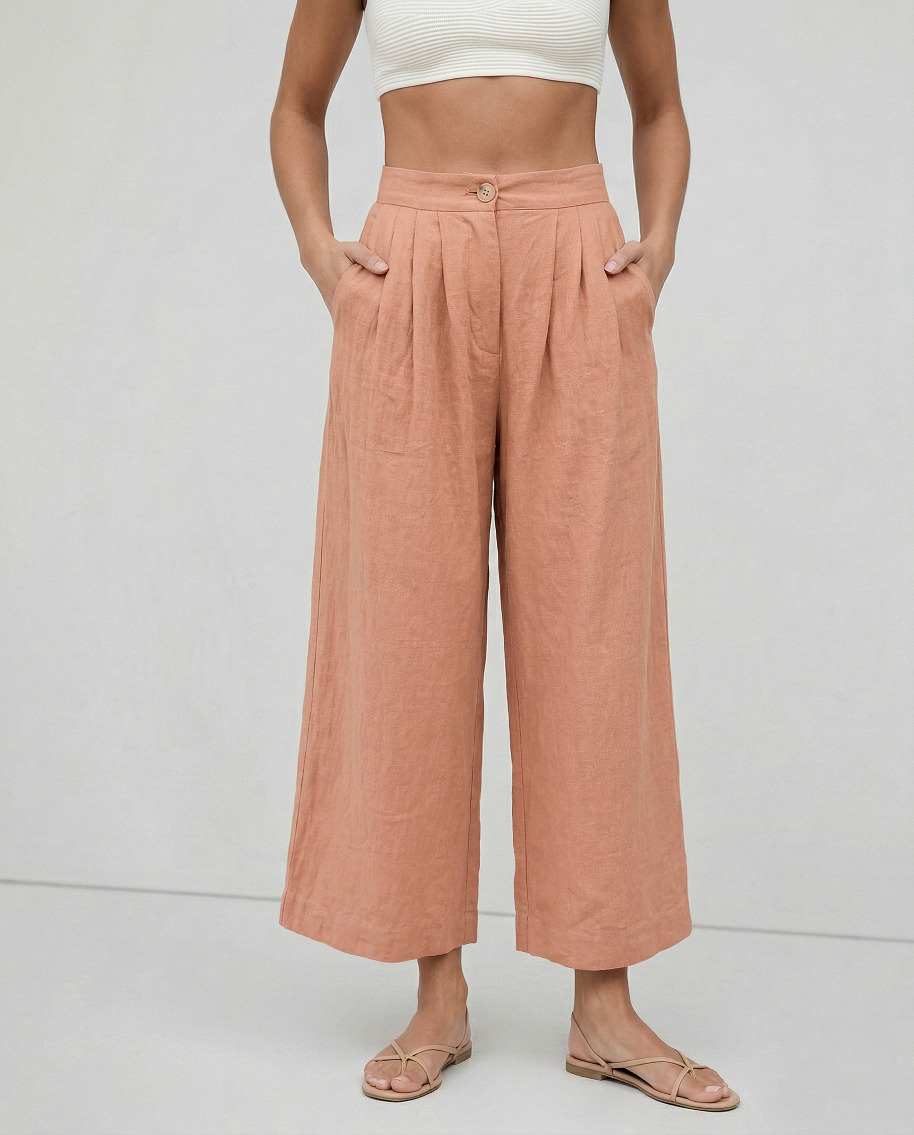 Culotte di lino da donna con vita alta e pieghe frontali