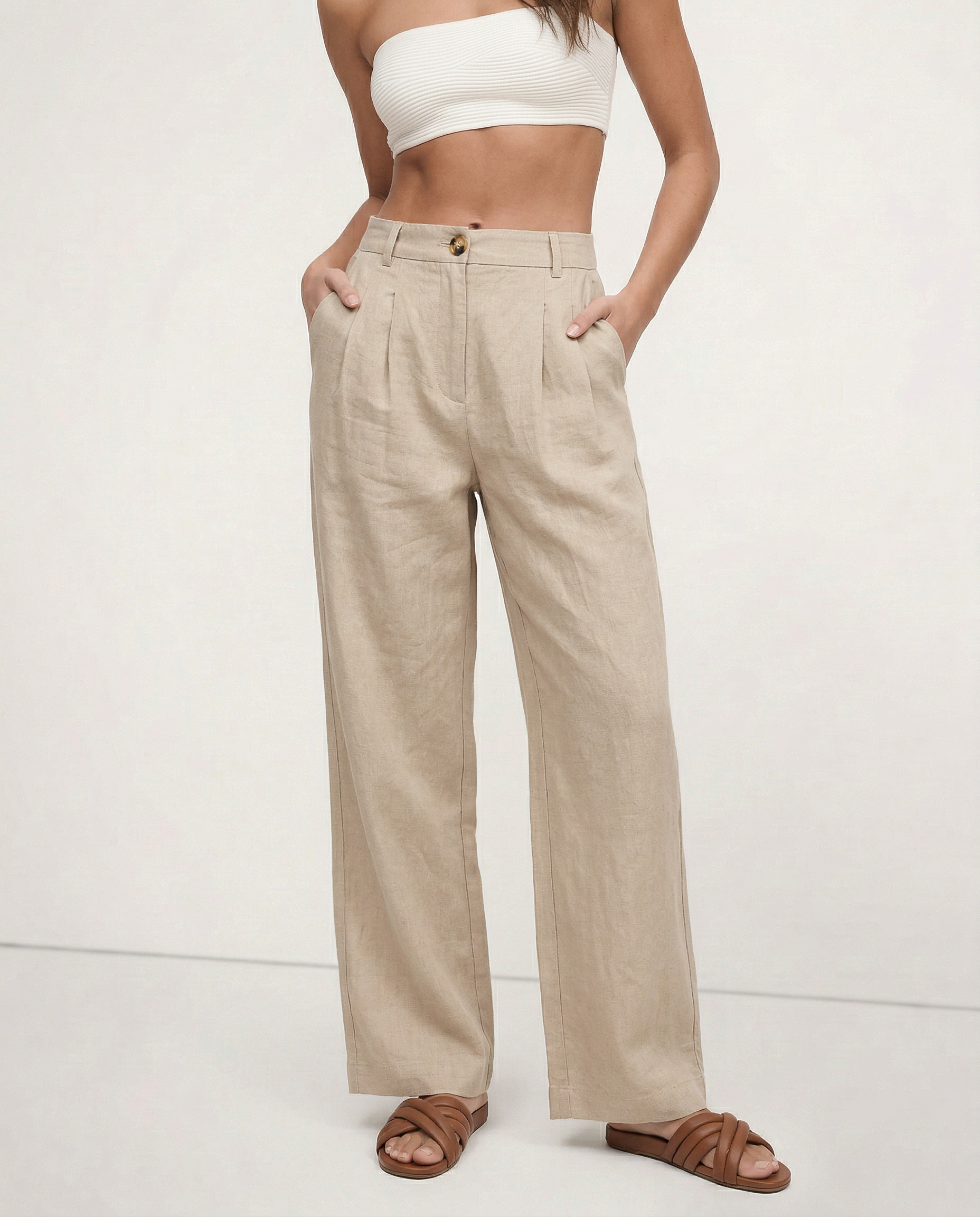 Culotte di lino da donna con vita alta e pieghe frontali