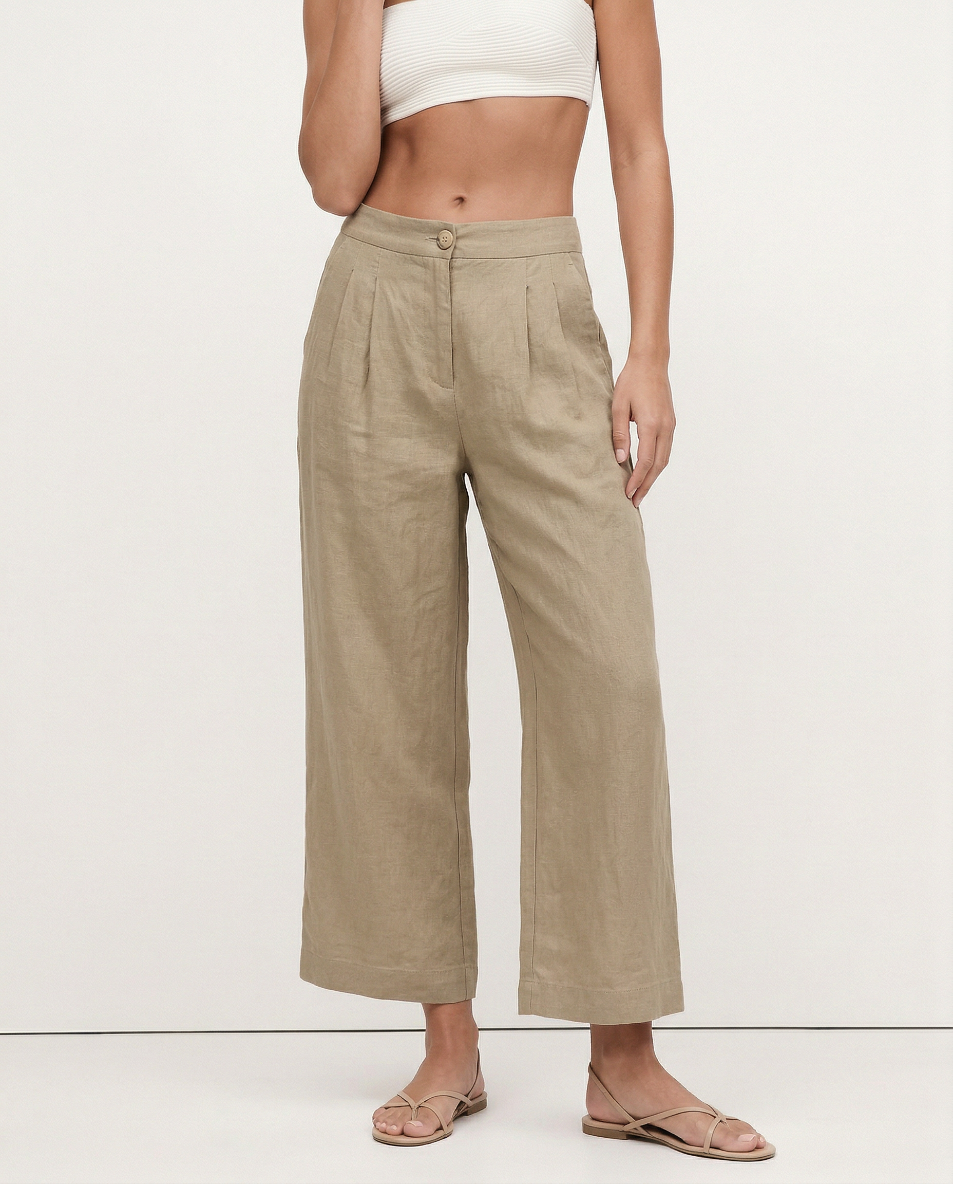 Culotte di lino da donna con vita alta e pieghe frontali