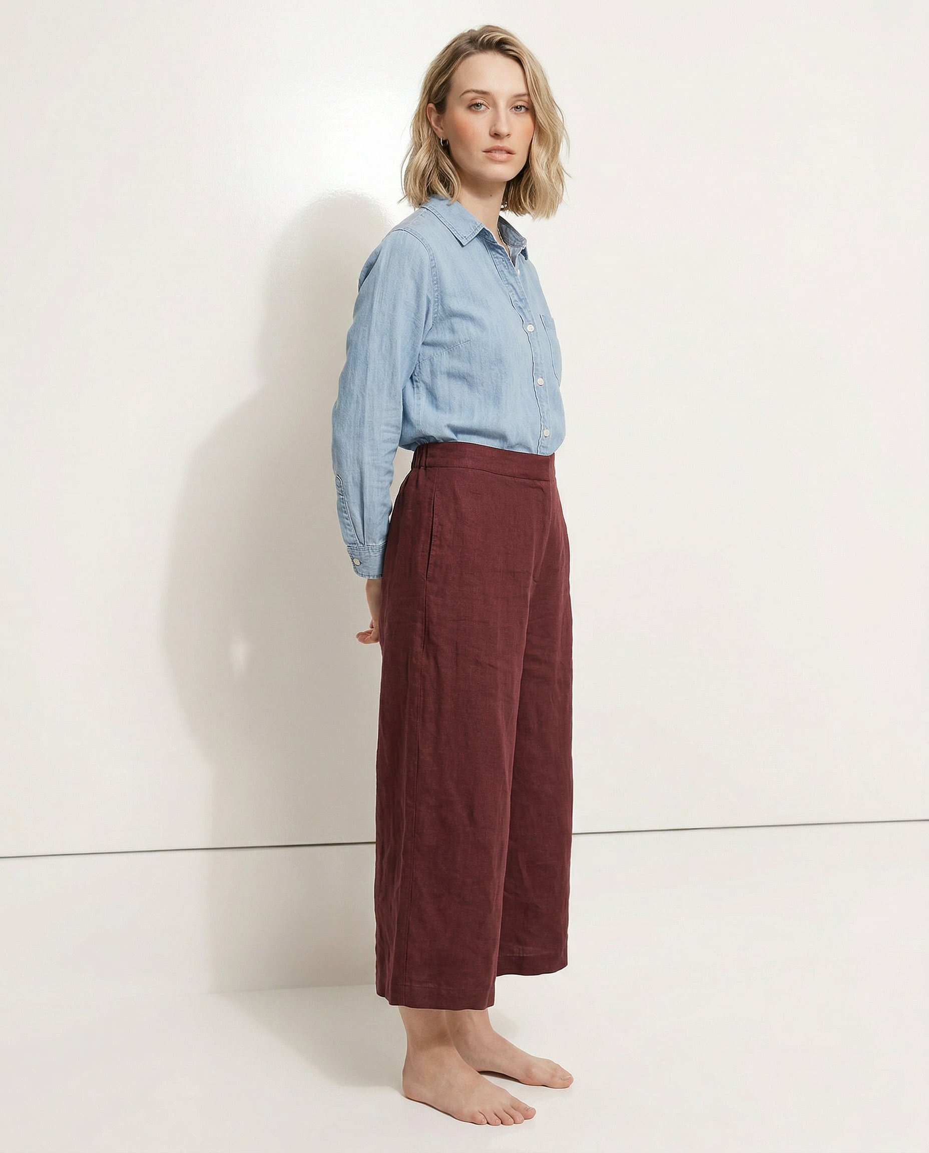 Pantalones de Lino para Mujer de Pierna Ancha con Cintura Elástica y Corte al Tobillo