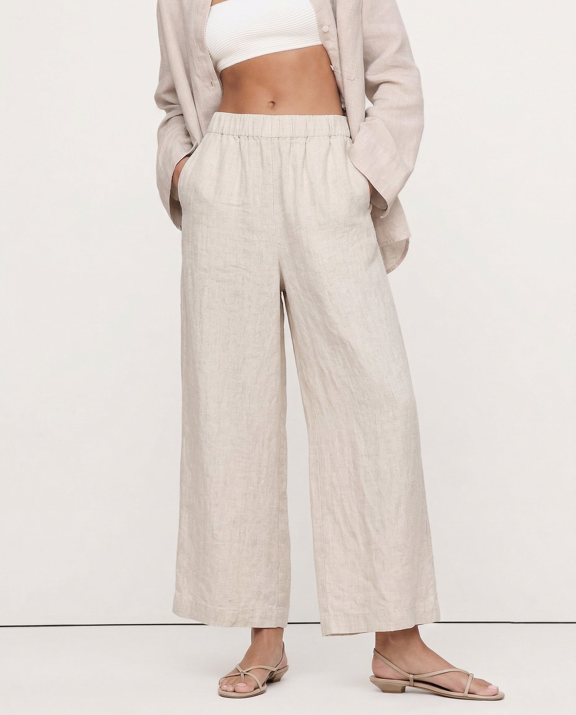 Pantalones de Lino para Mujer de Pierna Ancha con Cintura Elástica y Corte al Tobillo