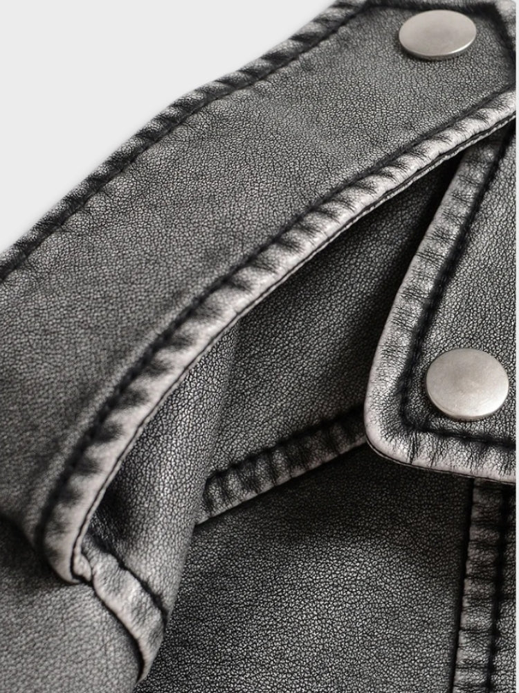Chaqueta Biker Corta de Efecto Cuero Lavado con Cremallera Asimétrica para Mujer