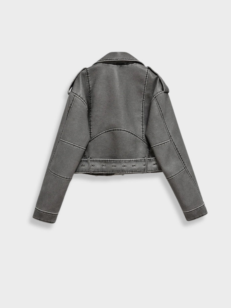 Chaqueta Biker Corta de Efecto Cuero Lavado con Cremallera Asimétrica para Mujer