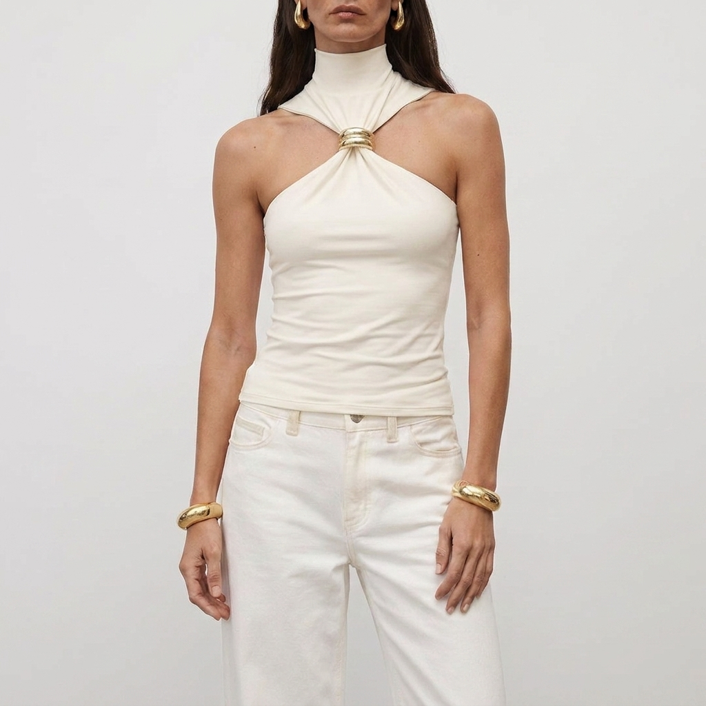 Haut dos nu femme col montant | blouse sans manches pour événements