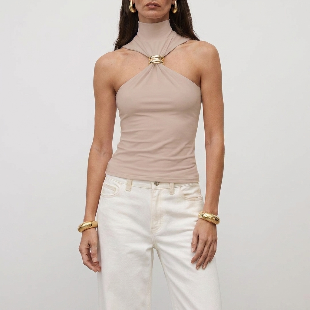 Haut dos nu femme col montant | blouse sans manches pour événements