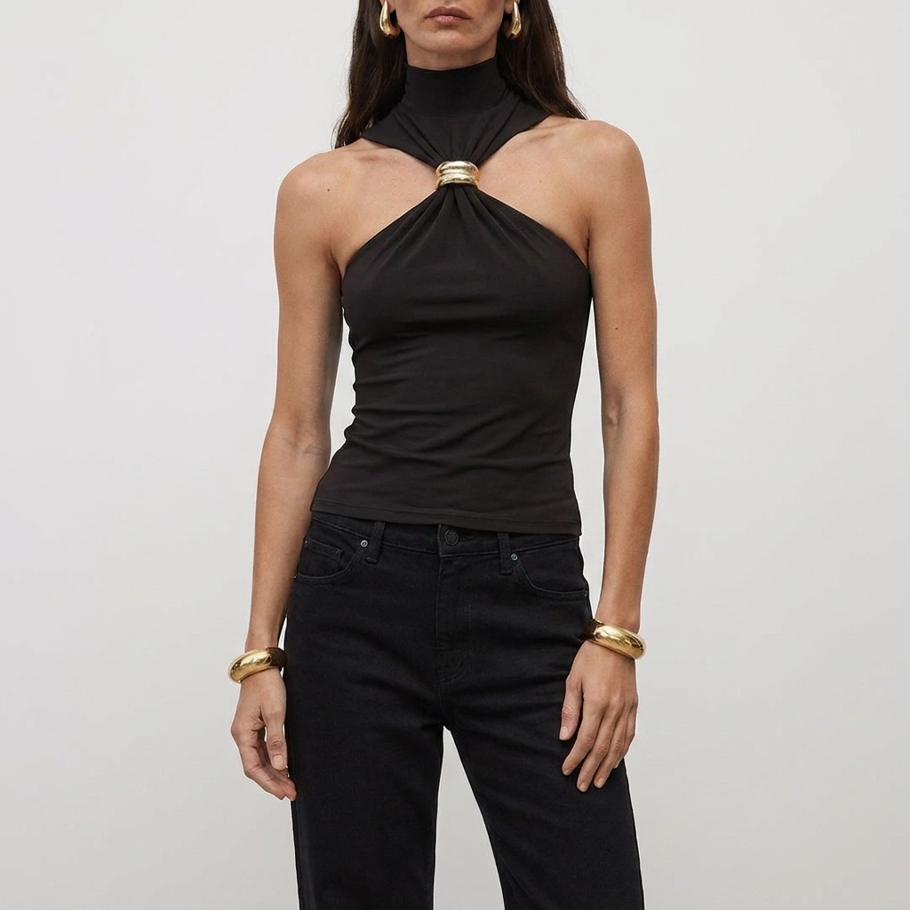 Haut dos nu femme col montant | blouse sans manches pour événements